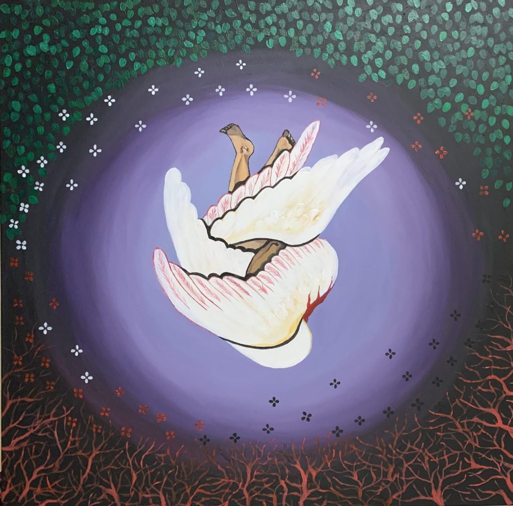 Falling angel wrapped in its 2 pairs of wings afraid to face the furry of his God.