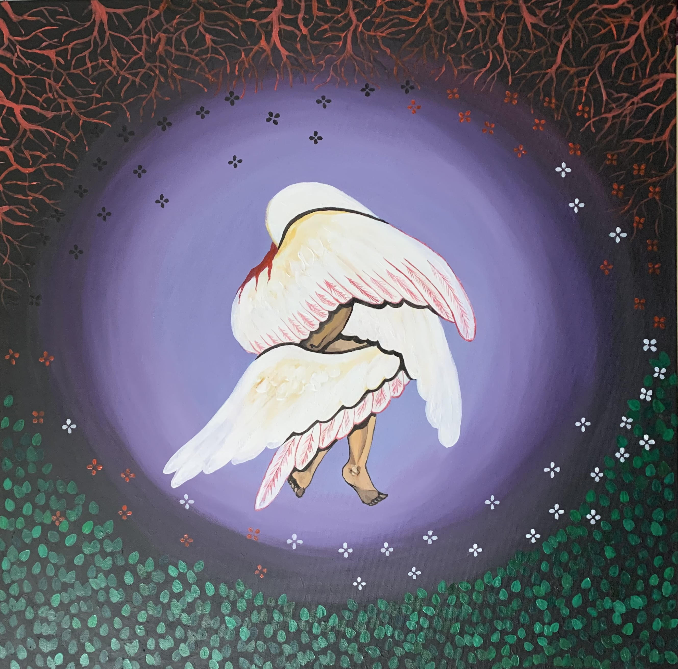 Falling angel wrapped in its 2 pairs of wings afraid to face the furry of his God.