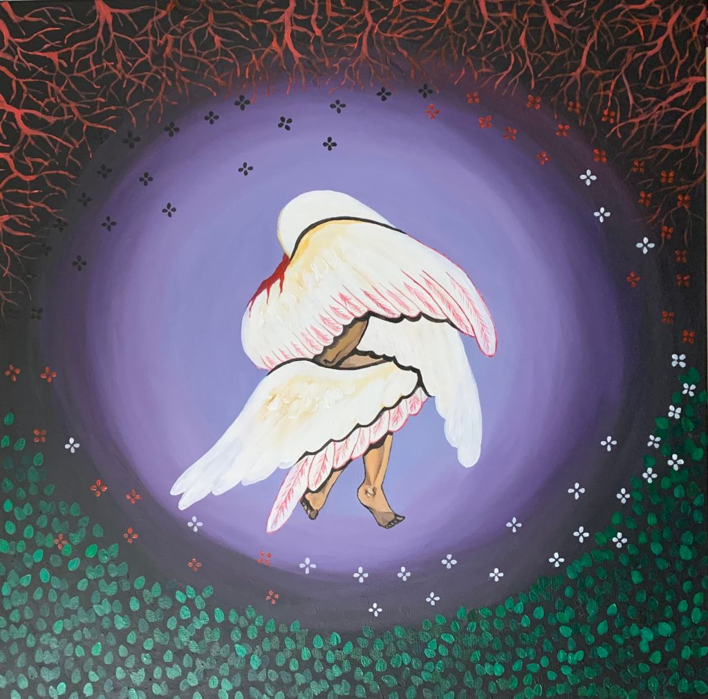Falling angel wrapped in its 2 pairs of wings afraid to face the furry of his God.