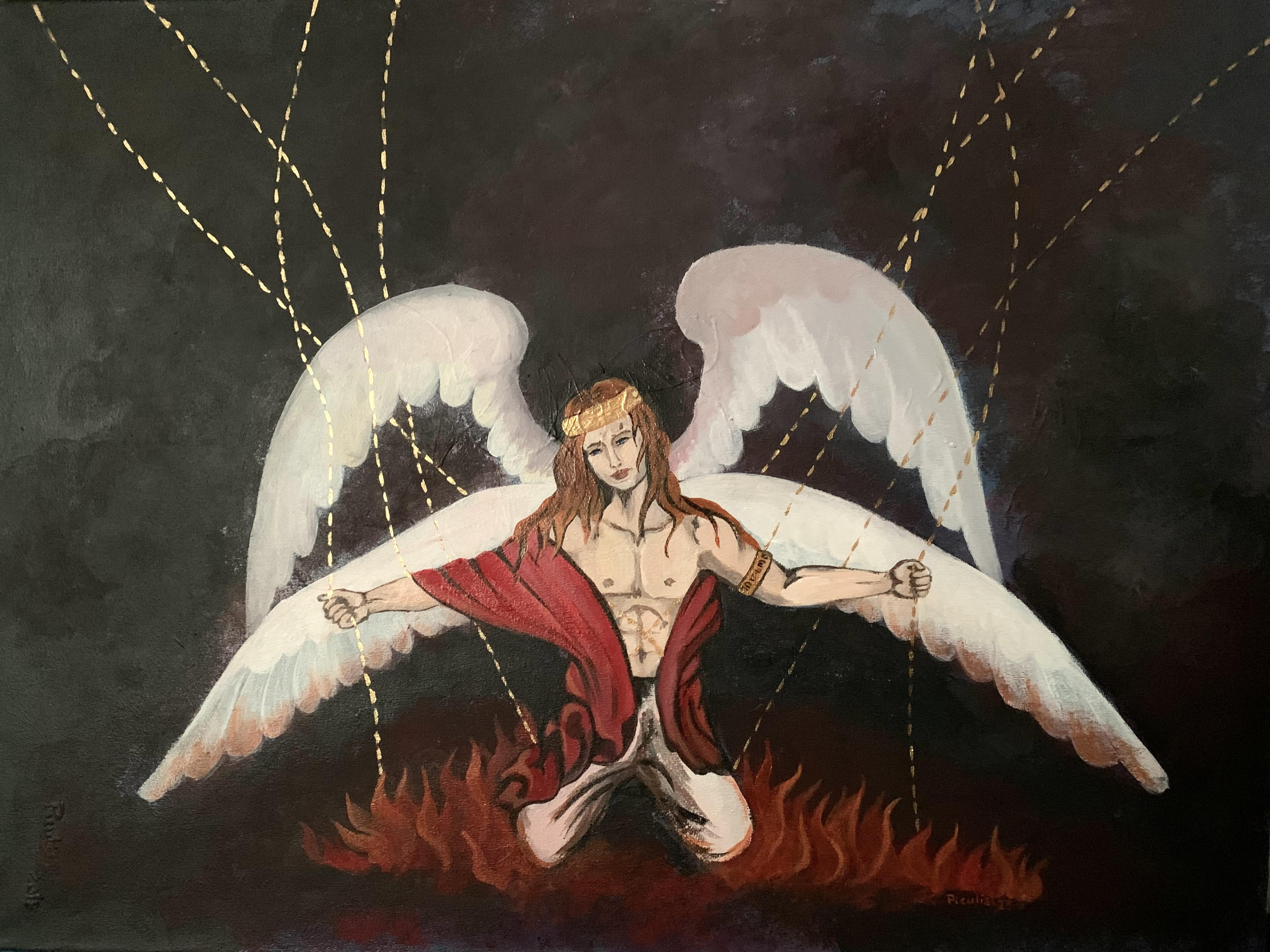 Lucifer angels chained in Heavenly chains above the sea of hire Hell offers.