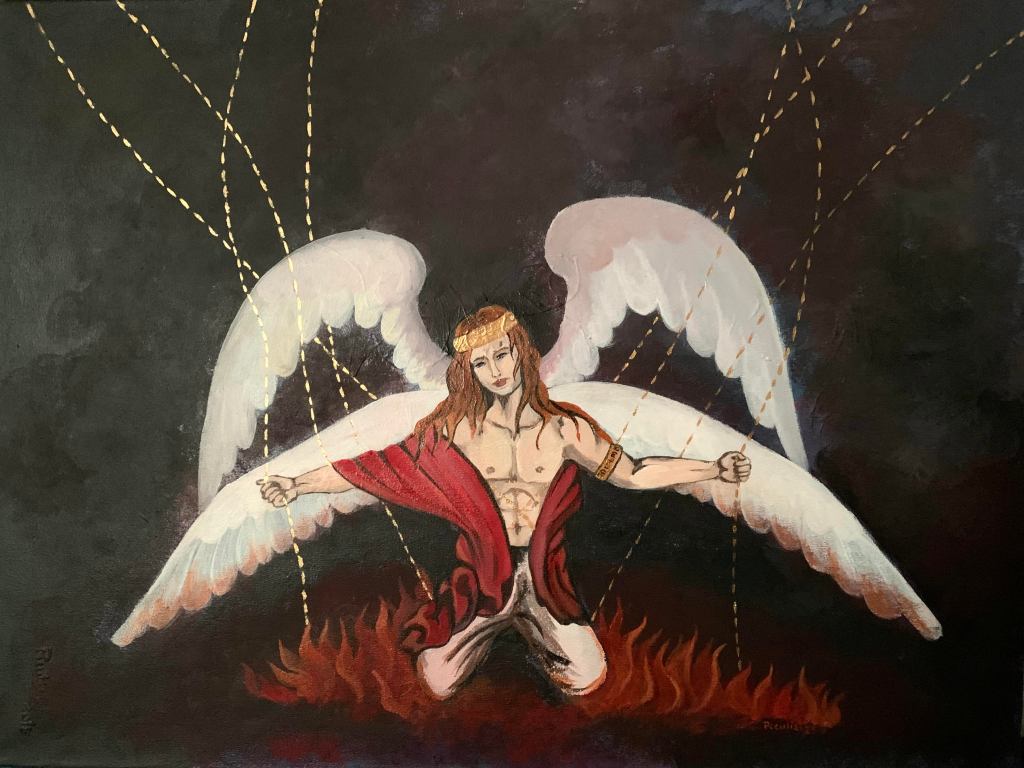 Lucifer angels chained in Heavenly chains above the sea of hire Hell offers.